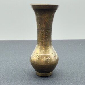 Vintage Etched Brass Miniature Vase 3 Inches Tall Antique Collectible Bud